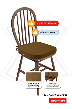 XPERMATE StandartFit Oval Sandalye Minderi Fermuarlı Yıkanabilir Kılıf Bağcıklı Su ve Yağ İtici 42x42x5 Kahverengi