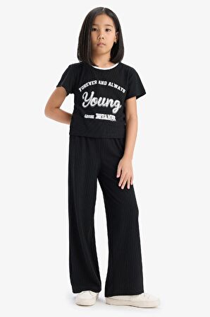 Kız Çocuk 2'li Takım Fitilli Kaşkorse Baskılı Kısa kollu Tişört Wide Leg Geniş Bol Paça Pantolon