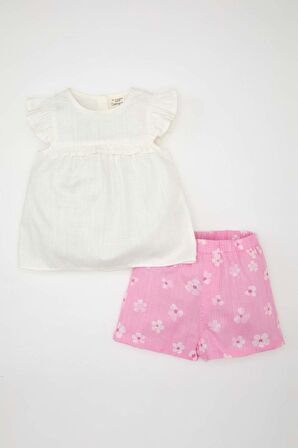 DeFacto Kız Bebek 2'li Takım Flamlı Poplin Bluz Üst Çiçekli Şort Alt C4934A524SMPN444