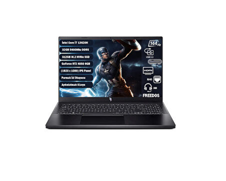 Acer Nitro V 15 I7-13620H 32 GB 512 GB SSD Rtx 4050-6 GB 15.6" Fhd IPS 144Hz Freedos NH.QNBEY.002+325
