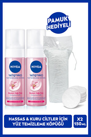 NIVEA Yatıştırıcı Yüz Temizleme Köpüğü 150ml, Kuru ve Hassas Ciltler, Nemlendirici, Badem Yağı, Yüz Bakım, X2 Adet