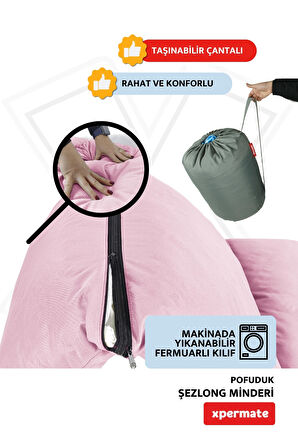 XPERMATE Pofuduk Şezlong Minderi 60x180x12Cm Su İtici,Katlanır,UV Güneş Dayanımı, Fermuar, Pembe