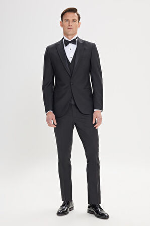Erkek Siyah Slim Fit Dar Kesim Kırlangıç Yaka Klasik Düz Yelekli Smokin Takım