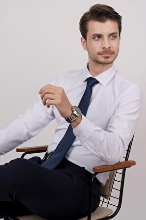 Gömlek Kravat Seti ( sunda Lacivert Düz Kravat & Beyaz Armür Slimfit Gömlek)
