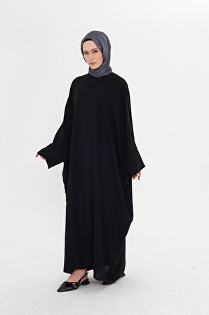 Siyah Yarasa Kol Oversize Medine İpeği Arkası Düğmeli Düz Elbise 4001_01