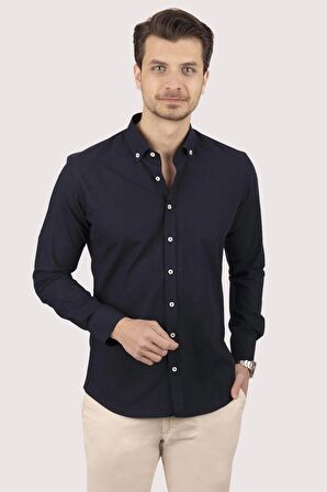 Lacivert Yaka Düğmeli Keten Slimfit   Gömlek