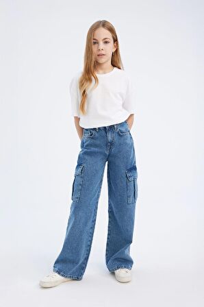 DeFacto Kız Çocuk Wide Leg Kargo Geniş Bol Paça Pamuklu Jean Pantolon D7091A825SMNM28