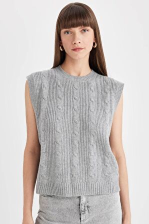 Regular Fit Bisiklet Yaka Basic Düz  Saç Örgü Desenli Triko Süveter