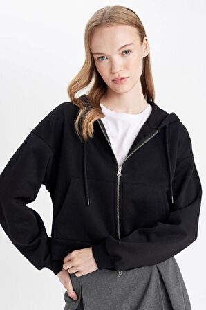 DeFacto Coool Standart Fit Kapüşonlu Basic Fermuarlı Sweatshirt Z7069AZ24WNBK81