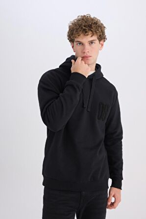 DeFacto Siyah Relax Fit Kapüşonlu Baskılı Kalın Sweatshirt D2682AX24AUBK34