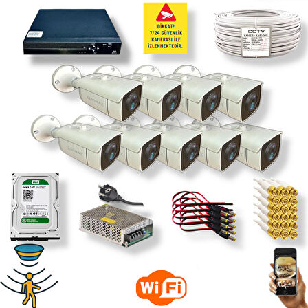 9 Kamerali Set - Hareket Algilayan Gece Görüşlü 24 Smd Led 5mp Sony Lensli 1080p Full Hd Metal Kasa Güvenlik Kamerasi Seti 6224