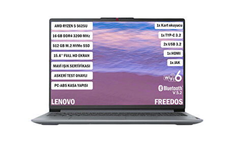 Lenovo Ideapad Slim 3 AMD Ryzen 5 5625U 16GB 512GB SSD Freedos 15.6" FHD Taşınabilir Bilgisayar 82XM00PWTX