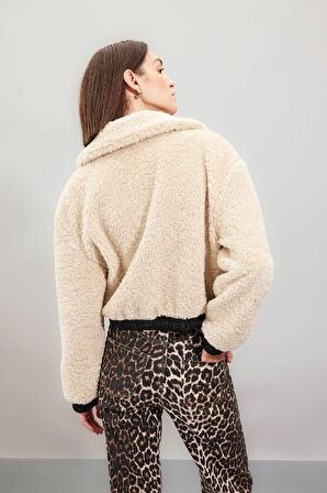 Regular Fit Dik Yaka Suni Kürk Fermuarlı Mont Ceket