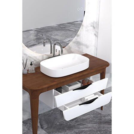 BREZZA 130 CM MASİF TEZGAH BEYAZ LAVABOLU BANYO DOLABI - RAF MODÜL DAHİL
