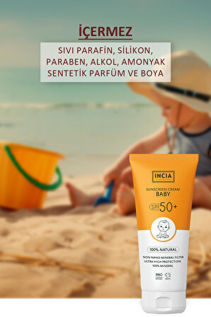 INCIA %100 Doğal Bebek Güneş Kremi Leke Karşıtı Mineral Filtreli Yüksek Koruma SPF50 UVA UVB 50 ml