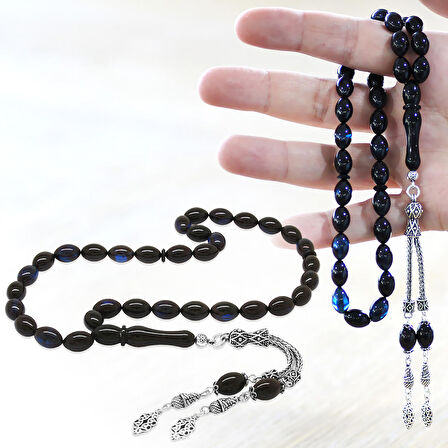 925 Ayar Gümüş Çift Püsküllü Arpa Kesim Mavi-Siyah Sıkma Kehribar Tesbih