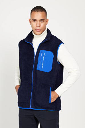 Erkek Lacivert Standart Fit Normal Kesim Dik Yaka Sherpa Polar Yelek