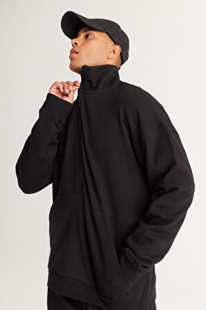 Erkek Siyah Oversize Bol Kesim Içi Polarlı Iplik Bato Yaka Pamuklu Sweatshirt