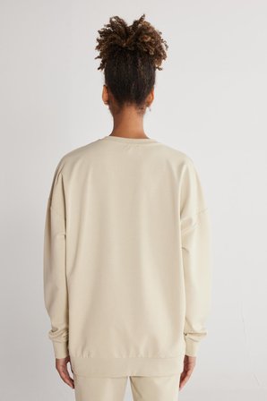 Unisex Bej Oversize Bol Kesim Bisiklet Yaka Pamuklu Esnek Sweatshirt