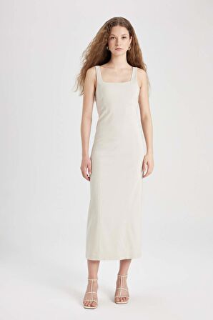 DeFacto Bodycon Vücudu Saran Basic Düz Kare Yaka Askılı Maxi Elbise C5027AX24SPBG360