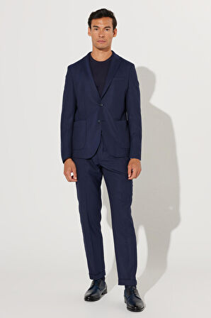 Erkek Lacivert Slim Fit Dar Kesim Mono Yaka Armürlü Takım Elbise