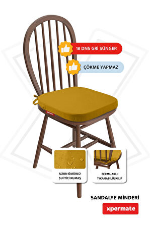 XPERMATE StandartFit Oval Sandalye Minderi Fermuarlı Yıkanabilir Kılıf Bağcıklı Su ve Yağ İtici 42x42x5 Hardal