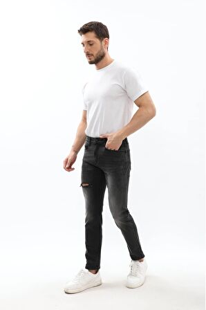 Erkek Slim Fit Yırtık Detay Antrasit Jean Pantolon