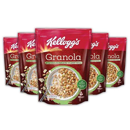 Kellogg's Granola Beyaz Çikolata Parçacıklı&Antep Fıstıklı 300Gr x 5 Adet, %46 Yulaf içerir, Lif Kaynağı