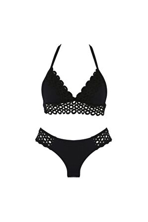 Siyah Halka Örgü Detaylı Üçgen Bikini Takımı