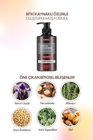Kırılma Karşıtı, Besleyici Şampuan Kundal Honey & Macadamia Nature Shampoo 500ml (Baby Powder)