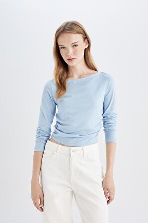 DeFacto Fitted Vücuda Oturan Kayık Yaka Basic Düz Uzun Kollu Tişört C4577AX24AUBE196