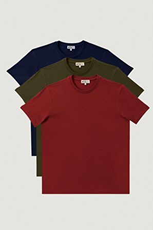 Erkek Bordo-lacı-hakı Slim Fit Dar Kesim Bisiklet Yaka 3'lü %100 Pamuk Tişört Paketi