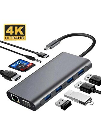 Daytona FC09 Macbook Uyumlu Type-C To 4K 1080P Hd HDMI 1000 Mbps Gigabit Ethernet RJ45 Pd Sd Kart 2* USB 3.0 VGA 8ın1 Çevirici Hub Adaptör