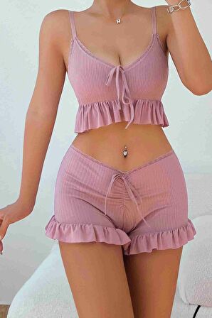 Merry See Özel Örme Kumaş Askılı Şortlu Pijama Takımı Pembe