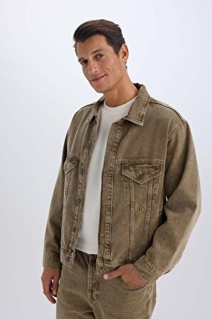 Oversize Fit Geniş Kalıp Polo Yaka Düğme Kapamalı Cepli Yıkamalı Jean Ceket