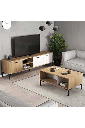 Set 1594-2084 Aurora 180 Cm Metal Ayaklı Tv Ünitesi + Aurora Orta Sehpa - Sepet-beyaz