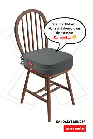 XPERMATE 2'li StandartFit Oval Sandalye Minderi Fermuarlı Yıkanabilir Kılıf Bağcıklı Su ve Yağ İtici 42x42x5 Antrasit