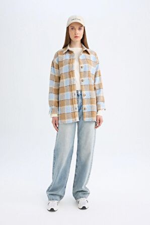 DeFacto Relax Fit Gömlek Yaka Kareli Flanel Uzun Kollu Gömlek Tunik D4774AX24AUBE409