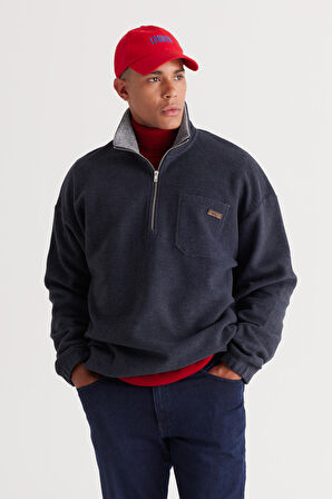Erkek Indigo Melanj Loose Fit Içi Polarlı Iplik Bato Yaka Pamuklu Sweatshirt
