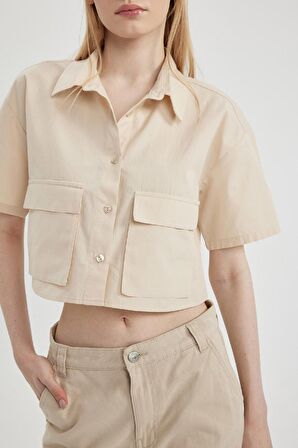 DeFacto Coool Oversize Geniş Kalıp Poplin Kısa Kollu Crop Gömlek C0739AX24SPBG360