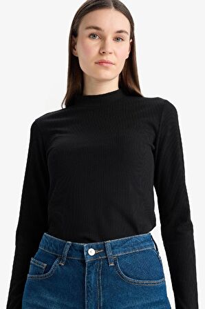 DeFacto Yarım Balıkçı Yaka Basic Düz Fitilli Kaşkorse Uzun Kollu Tişört E7671AX25SPBK81