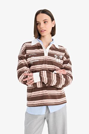 Coool Loose Fit Polo Yaka Çizgili Sweatshirt