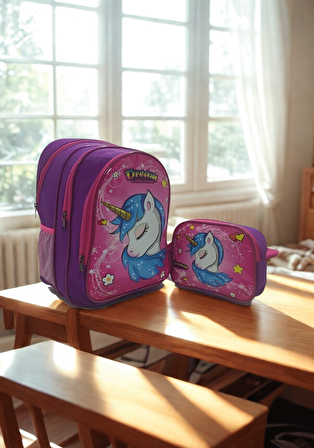 NEWFULL KIZ UNİCORN OKUL VE BESLENME ÇANTASI-EKONOMİK-PEMBE MOR