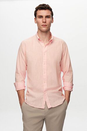 Ds Damat Slim Fit Pembe Düğmeli Yaka %100 Pamuk Yazlık Flamlı Keten Görünümlü Gömlek 6HC02ORT63265 6HC02ORT63265