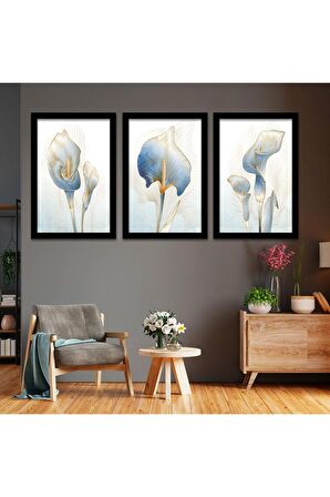 GOLD AYNALI PLEKSİ ÇERÇEVELİ MODERN MAVİ KAHVERENGİ MERMER ÇİÇEK DESENLİ SOYUT ÇİZİM TABLO