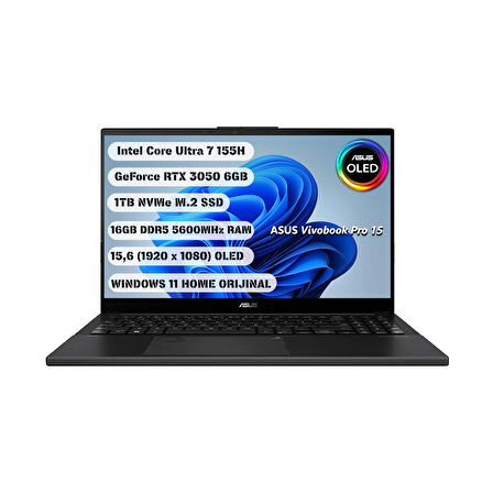 ASUS - Vivobook Pro 15 OLED Q533MJ-U73050 - Intel Ultra 7-155H 15.6’’ FHD 16GB Ram 1TB SSD RTX 3050 - Q US İngilizce Klavye Win11H 1 Yıl Garanti