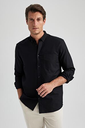 DeFacto Regular Fit Polo Yaka Oxford Basic Düz Uzun Kollu Siyah Gömlek A8028AX23AUBK81