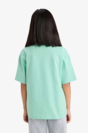 DeFacto Kız Çocuk Oversize Geniş Kalıp Bisiklet Yaka Baskılı Kısa Kollu Tişört E0356A825SMGN1203