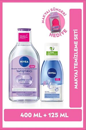 Nivea Çift Fazlı Göz Makyaj Temizleyici, Yatıştırıcı Micellar Makyaj Temizleme Suyu 400ml, Sünger Hediyeli