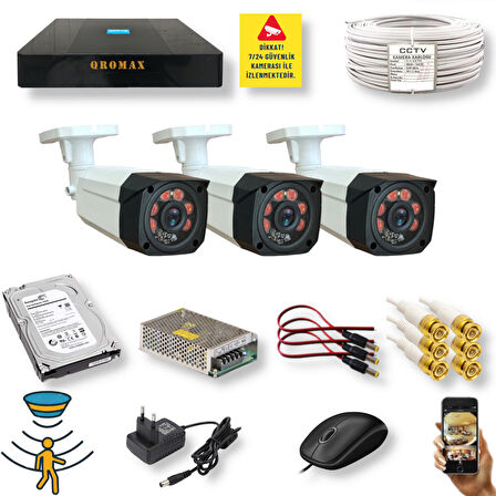 3 Kameralı Set - Hareket Algilayan 1080P Gece Görüşlü 5MP Sony Lens Güvenlik Kamerasi Seti 7808